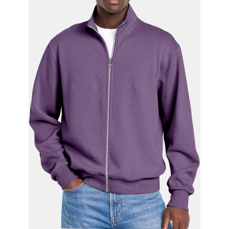 Men's Solid Color Zipper Stand Collar Long Sleeve Sweatshirt Jacket 9261085262008