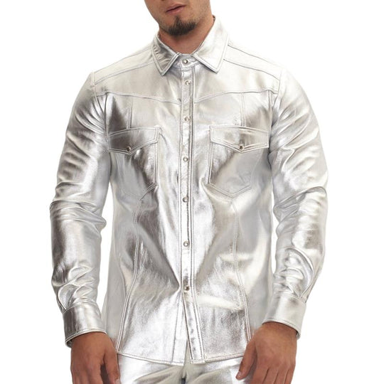 Men's Trendy Lapel Shiny Leather Long-sleeved Shirt 9886816075960