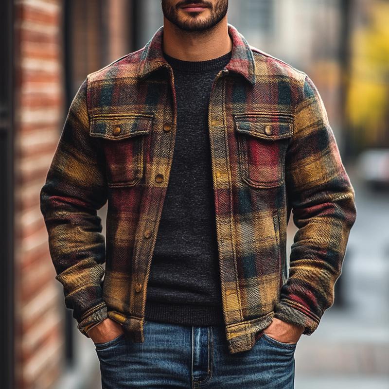 Men's Vintage Checked Lapel Chest Pocket Single Breasted Jacket 9884640805048
