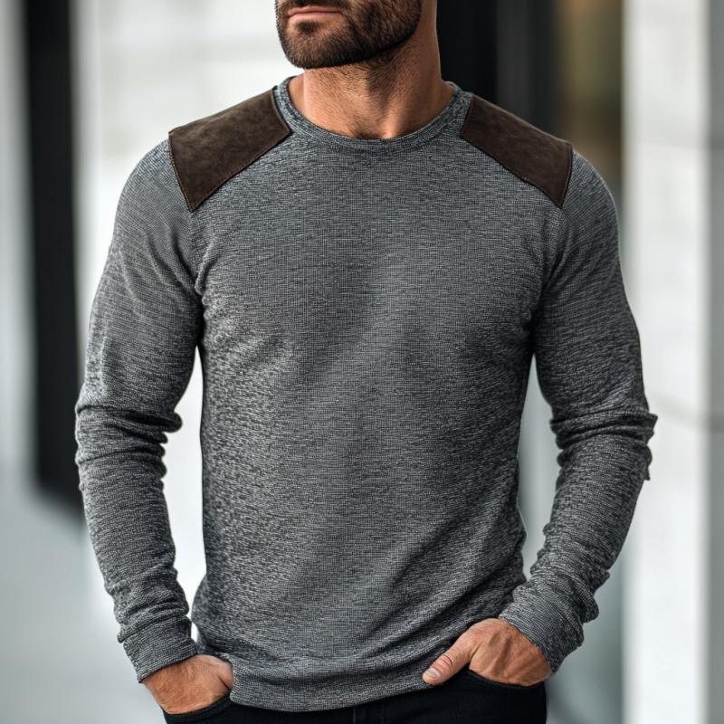 Men's Casual Round Neck Suede Patch Slim Fit Long Sleeve T-shirt 9261139329208