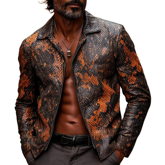 Men's Vintage Lapel Zipper Python Textured Leather Jacket 9888004800696