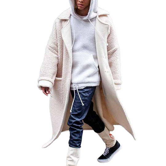 Men's Solid Color Loose Fleece Lapel Single Breasted Mid-length Coat 9261111902392
