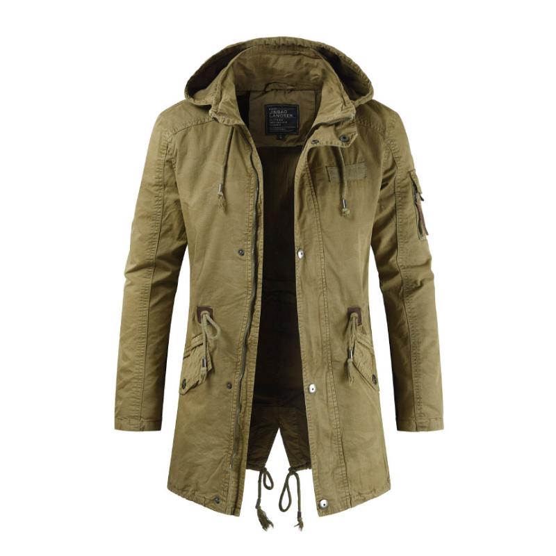 Men's Casual Outdoor Cotton Stand Collar Hooded Zipper Mid-length Trench Coat 9261104201912