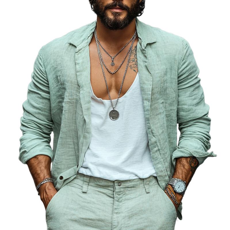 Men's Fashion Loose Linen Lapel Long Sleeve Casual Shirt 9885839130808