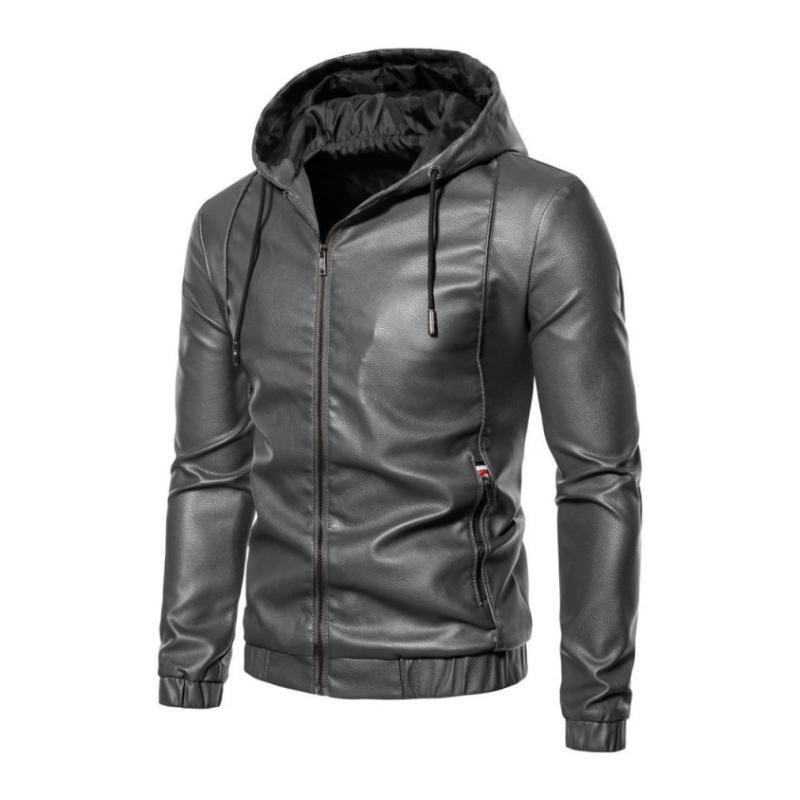 Men's Vintage Hooded Zip-Up Slim Fit Leather Biker Jacket 9261093355704