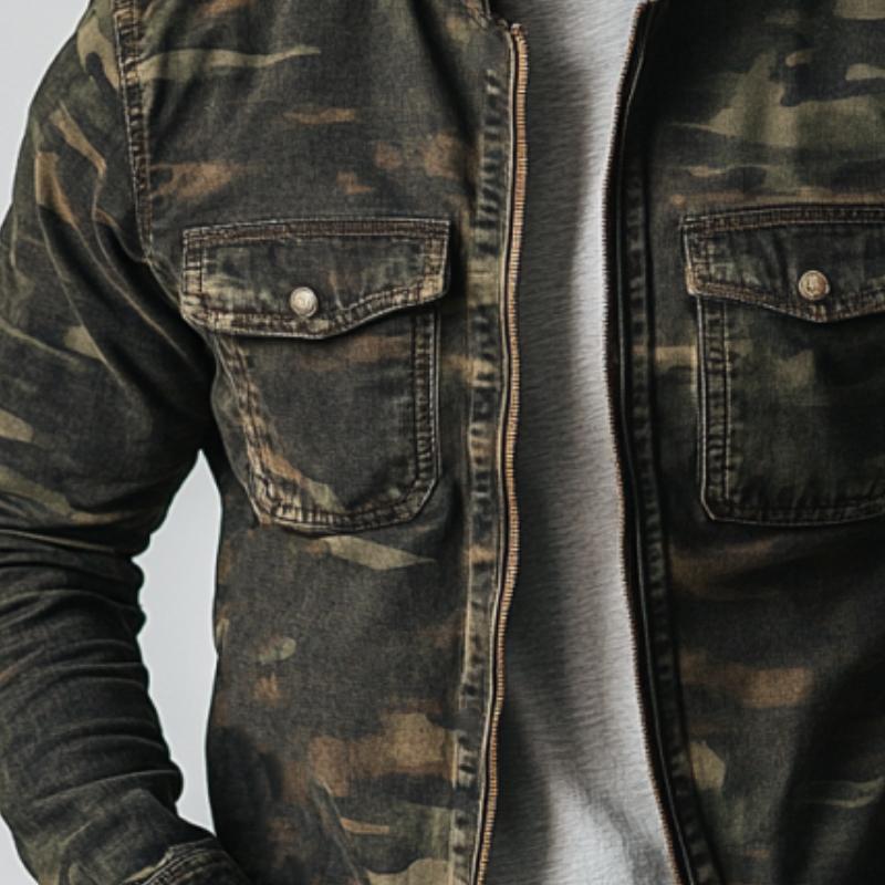Men's Vintage Washed Camouflage Stand Collar Double Chest Pockets Jacket 9885321461944