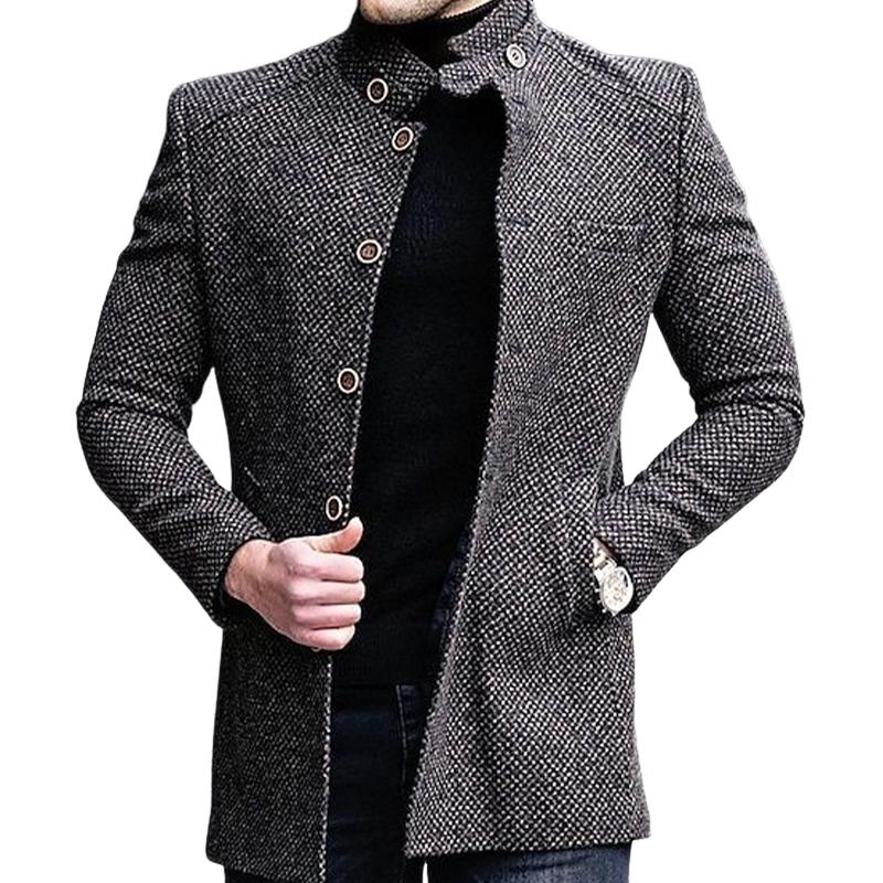 Men's Plaid Stand Collar Button Mid-Length Coat 9885839884472
