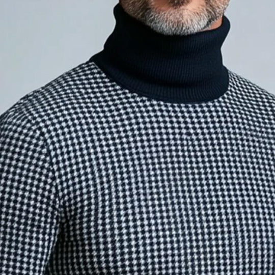 Men's Retro Casual Houndstooth Turtleneck Long Sleeve T-Shirt 9261141983416
