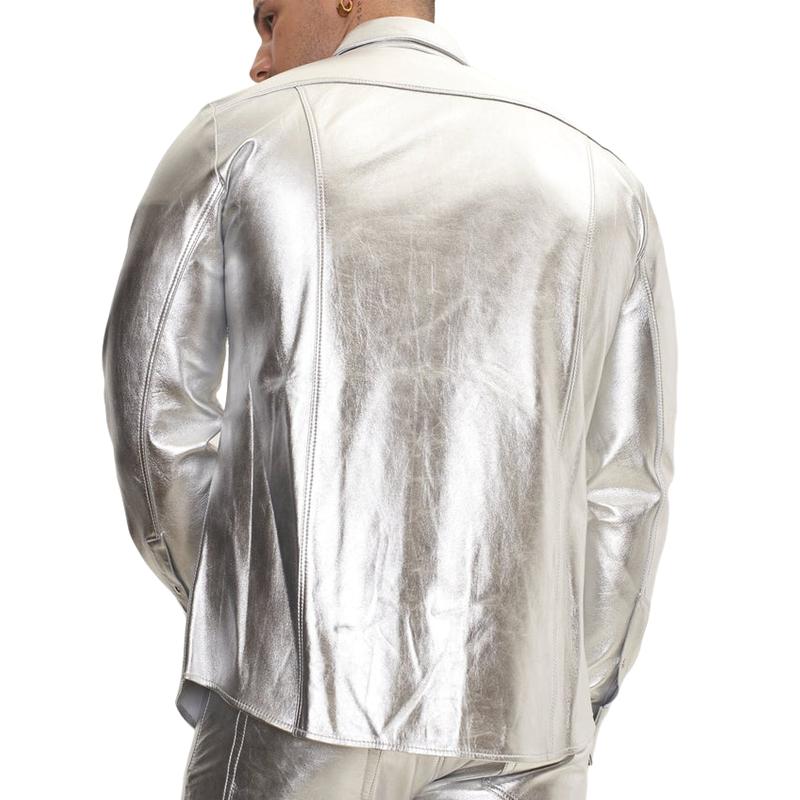 Men's Trendy Lapel Shiny Leather Long-sleeved Shirt 9886816075960