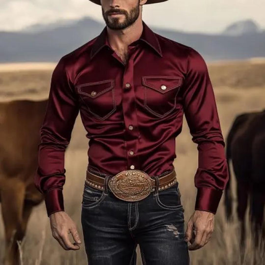 Men's Western Vintage Satin Double Chest Pocket Slim Fit Long Sleeve Shirt 9882786365624
