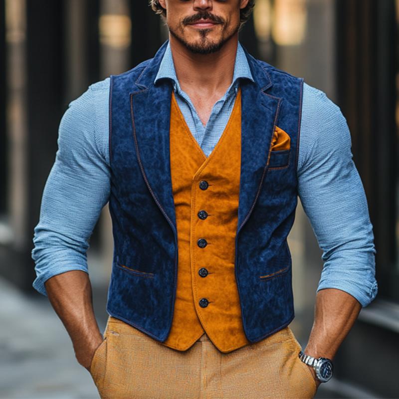 Men's Classic Casual Contrast Color Fake Two-Piece Suede Vest 9882786857144