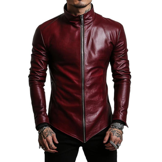 Men's Stylish Casual Stand Collar Slim Fit Leather Jacket 9885322543288