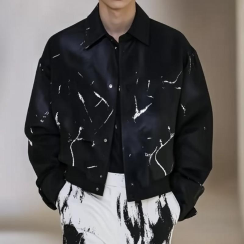 Men's Fashion Satin Printed Lapel Single Breasted Baseball Jacket 9879658266808