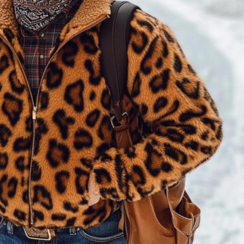 Men's Vintage Leopard Plush Warm Zipper Coat 9261107151032