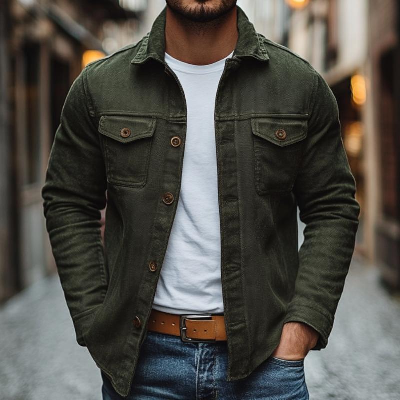 Men's Vintage Cotton Canvas Lapel Chest Pocket Slim Fit Long Sleeve Shirt 9885320282296