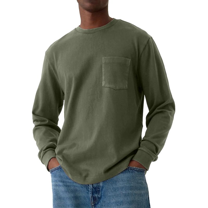 Men's Casual Round Neck Patch Pocket Loose Long Sleeve T-shirt 9261137854648