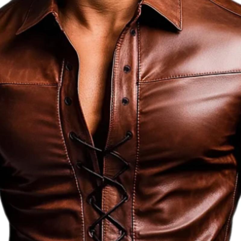Men's Vintage Lapel Drawstring Leather Shirt 9888004210872