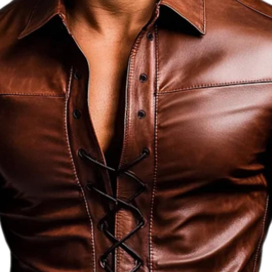 Men's Vintage Lapel Drawstring Leather Shirt 9888004210872