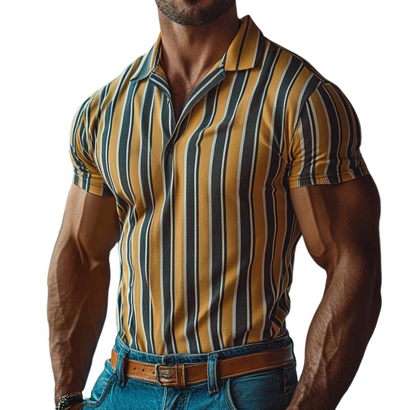 Men's Retro Casual Striped Print Short-sleeved Polo Shirt 9884643066040