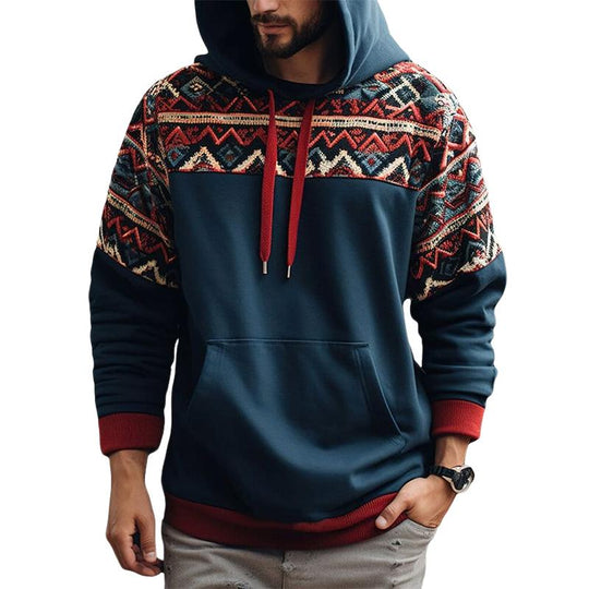 Men's Retro Loose Printed Patchwork Hoodie 9885839950008