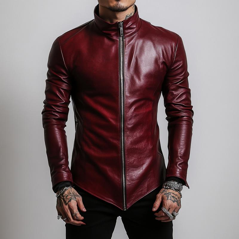 Men's Stylish Casual Stand Collar Slim Fit Leather Jacket 9885322543288