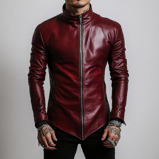 Men's Stylish Casual Stand Collar Slim Fit Leather Jacket 9885322543288