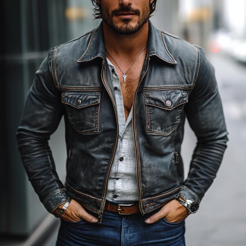 Men's Fashion Washed Distressed Lapel Chest Pocket Denim Jacket 9877217247416