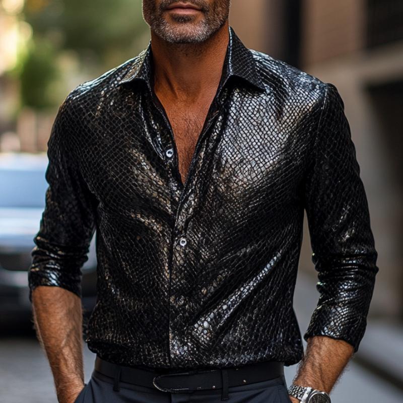 Men's Lapel Textured Leather Long Sleeve Shirt 9888004112568