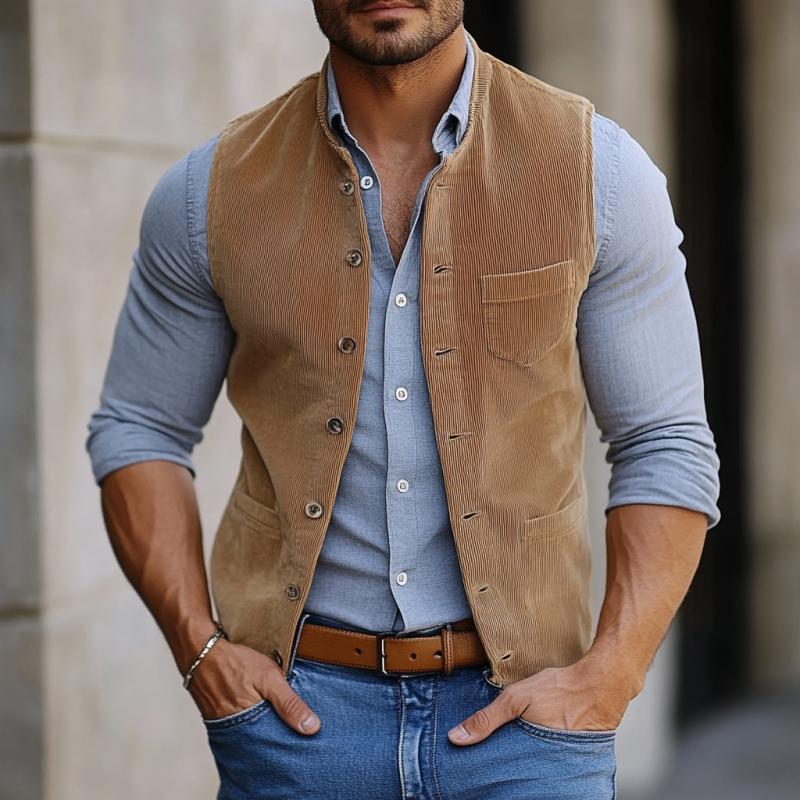 Men's Vintage Corduroy Single Breasted Multi-Pocket Vest 9887362384056