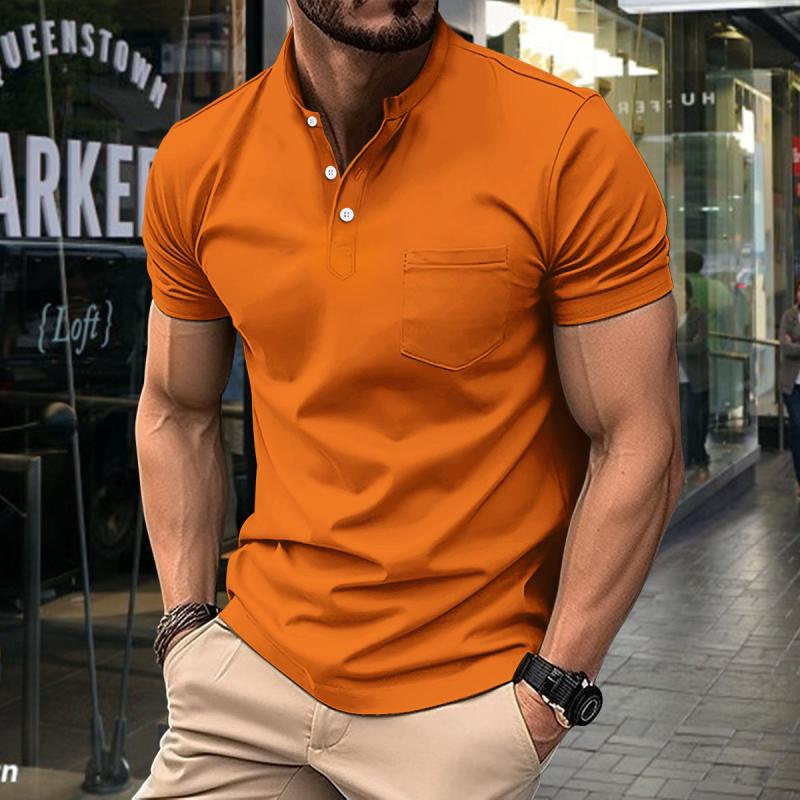 Men's Casual Stand Collar Patch Pocket Slim Fit Short Sleeve T-Shirt 9261136281784