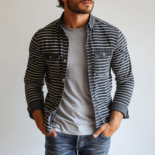 Men's Vintage Stripes Double Chest Pockets Cargo Long Sleeve Shirt 9888005259448