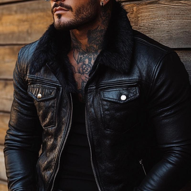 Men's Vintage Fur Collar Leather Jacket 9261088276664