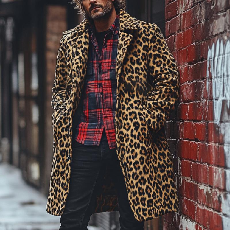 Men's Classic Lapel Long Leopard Print Air Layer Suede Coat 9873517052088