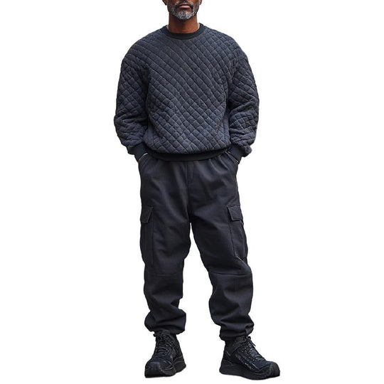 Men's Classic Crew Neck Quilted Air Layer Sweatshirt and Multi-Pocket Casual Pants Two-Piece Set 9873516724408