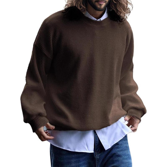 Men's Solid Color Striped Loose Round Neck Long Sleeve Casual Sweatshirt 9873520132280