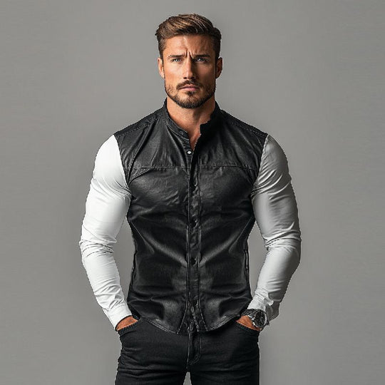 Men's Fashion Colorblock Stand Collar Single Breasted Leather Shirt 9887362777272