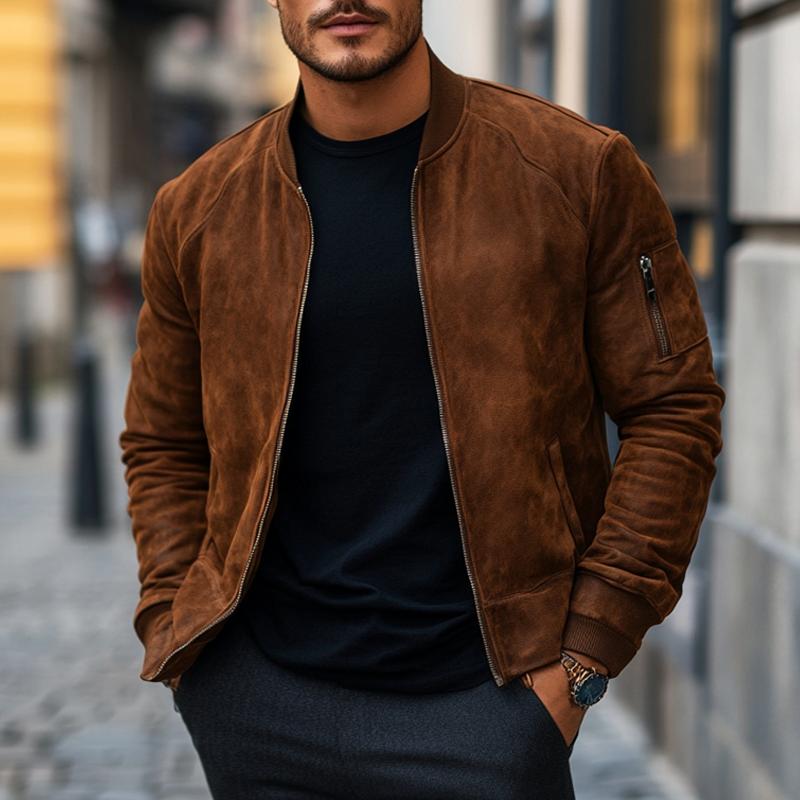Men's Solid Color Suede Stand Collar Zipper Jacket 9882787872952
