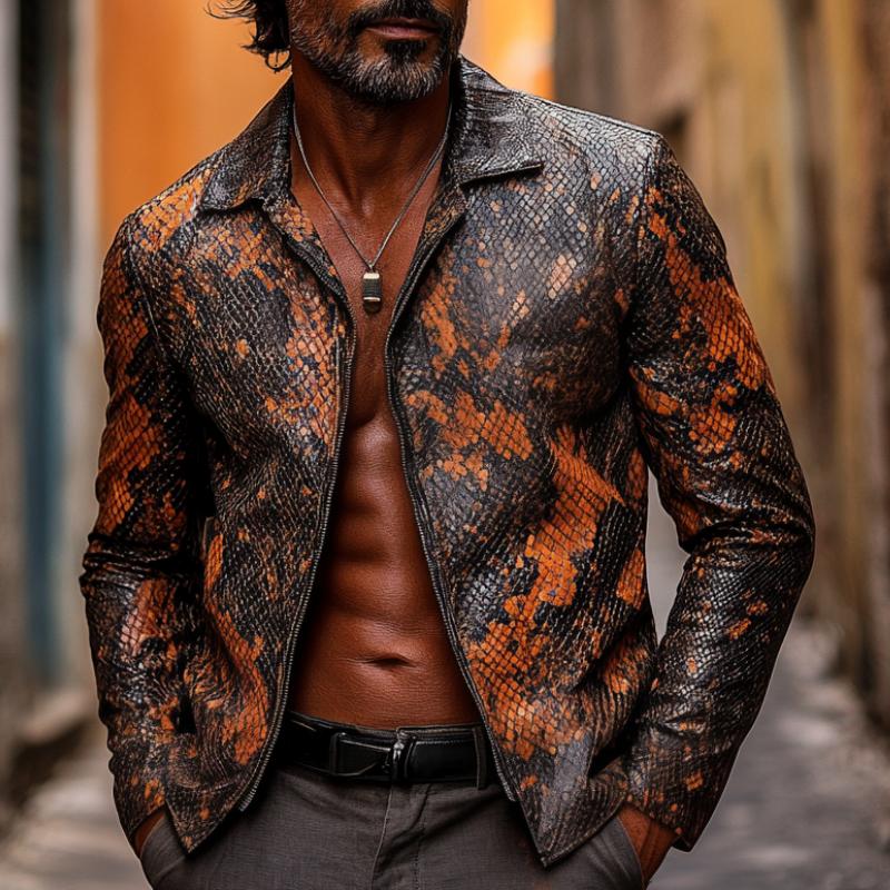 Men's Vintage Lapel Zipper Python Textured Leather Jacket 9888004800696