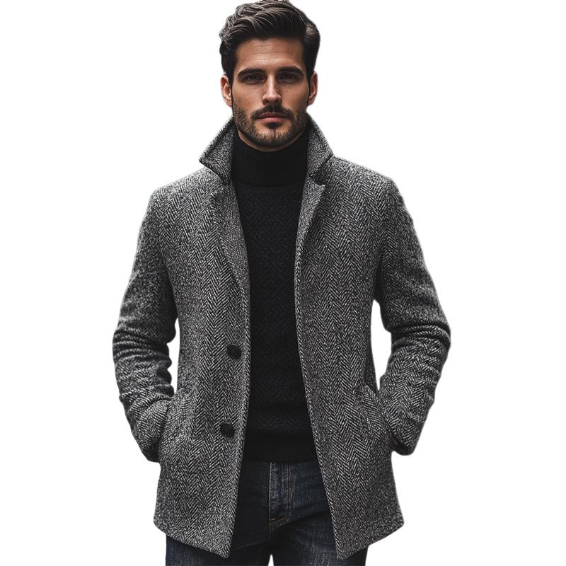 Men's Dark Grey Herringbone Notched Lapel Two Button Mid-Length Coat 9885839622328