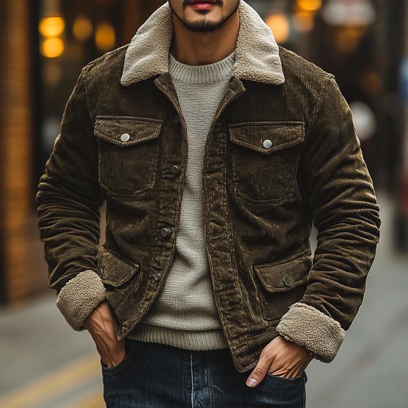 Men's Fleece Lapel Corduroy Multi-pocket Single Breasted Cargo Jacket 9879659937976