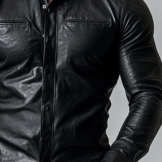 Mens Fashion Single Breasted Slim Fit Long Sleeve Leather Shirt 9880240292024