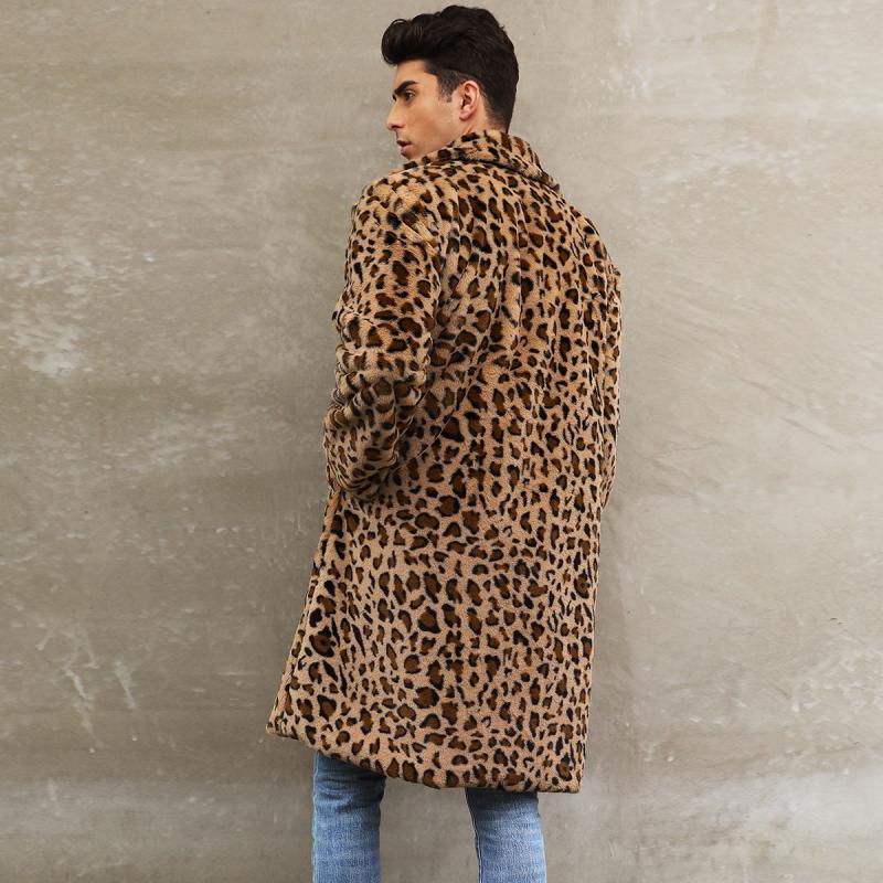 Men's Classic Casual Leopard Plush Faux Fur Suit Collar Mid-Length Coat 9261110132920