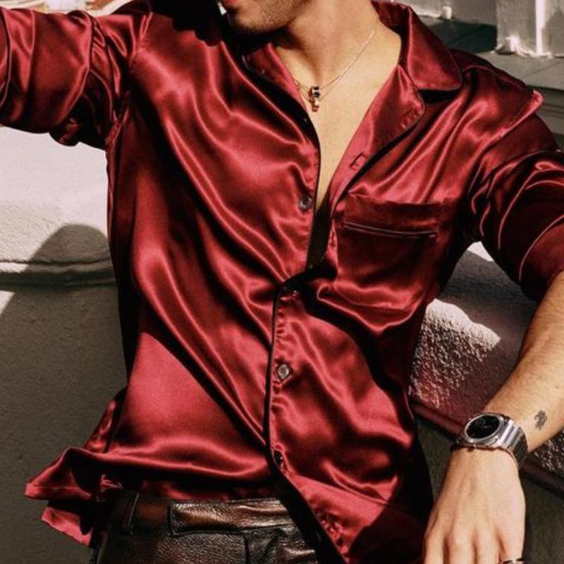 Men's Vintage Satin Lapel Loose Long Sleeve Shirt 9877644345528