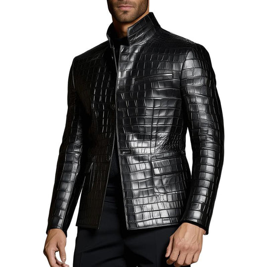 Men's Fashion Check Embossed Lapel Single Breasted Leather Blazer 9877217476792