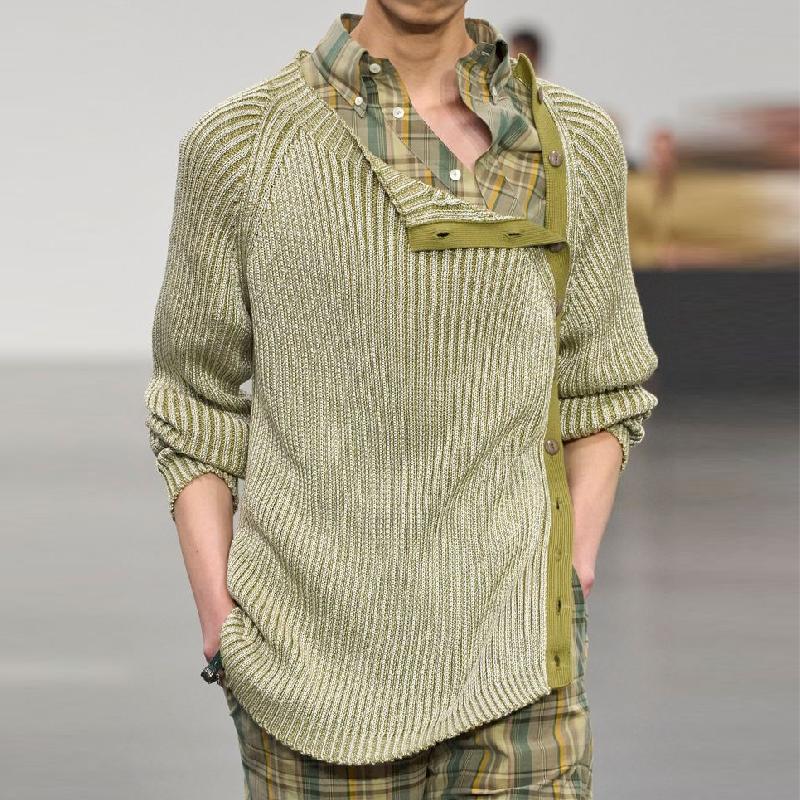 Men's Vintage Button Slanted Placket Round Neck Knit Sweater 9877926543544