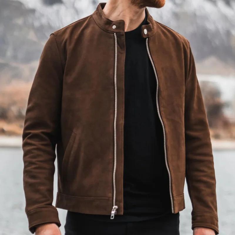 Men's Solid Color Suede Stand Collar Zipper Jacket 9882788823224