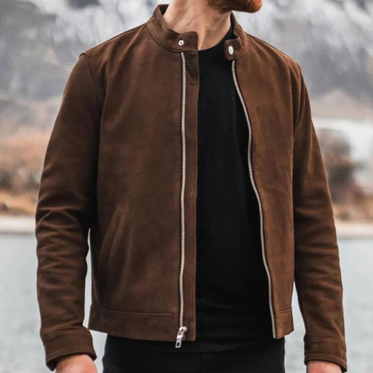 Men's Solid Color Suede Stand Collar Zipper Jacket 9882788823224
