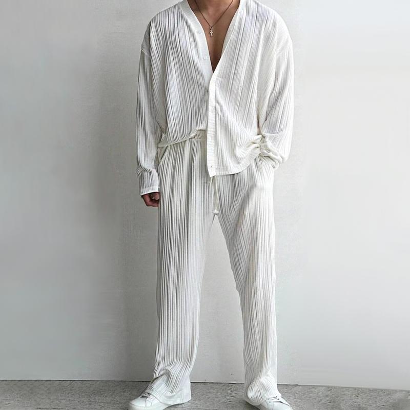 Men's Solid Color Striped V Neck Long Sleeve Shirt Elastic Waist Pants Casual Set 9879141941432
