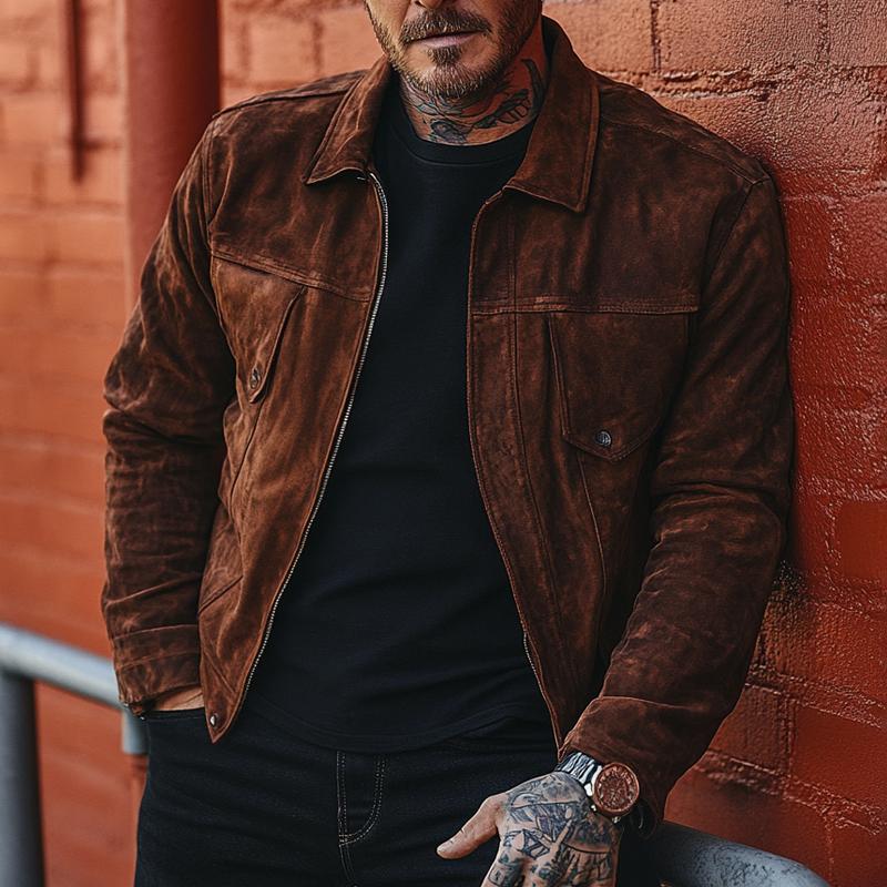 Men's Solid Color Suede Lapel Zipper Jacket 9882788626616