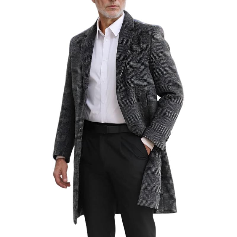 Men's Mid-length Lapel Plaid Woolen Coat 9261107019960